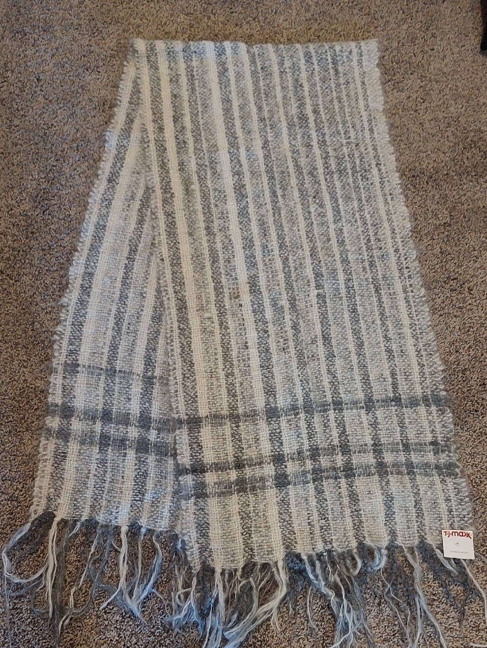 Cozy Gray & Cream Striped Fringe Scarf